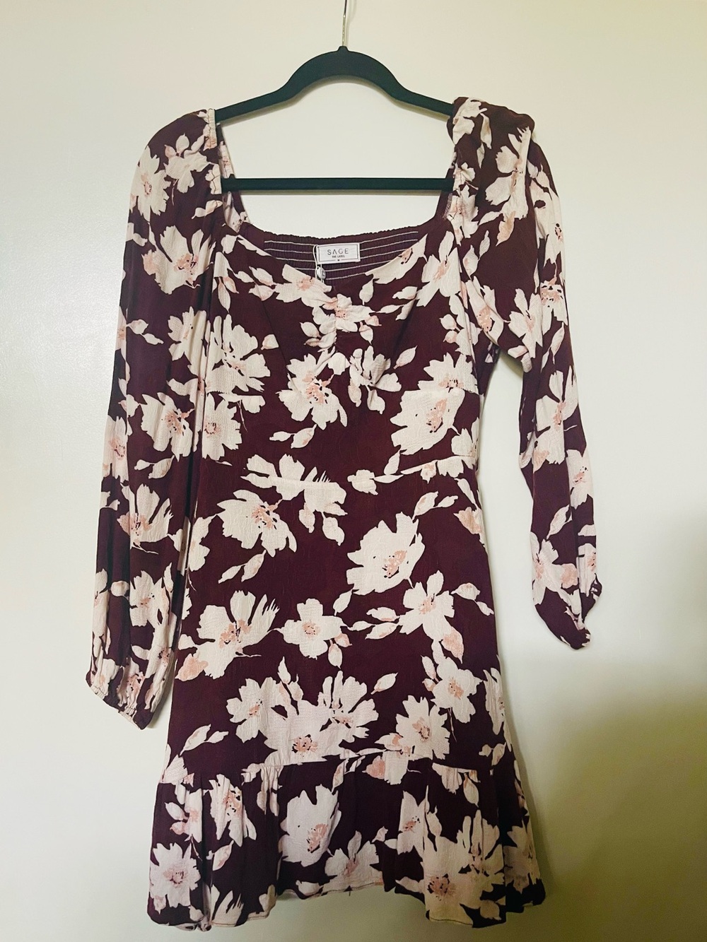 Sage the Label Burgundy Floral Long-Sleeve Square Neck Dress